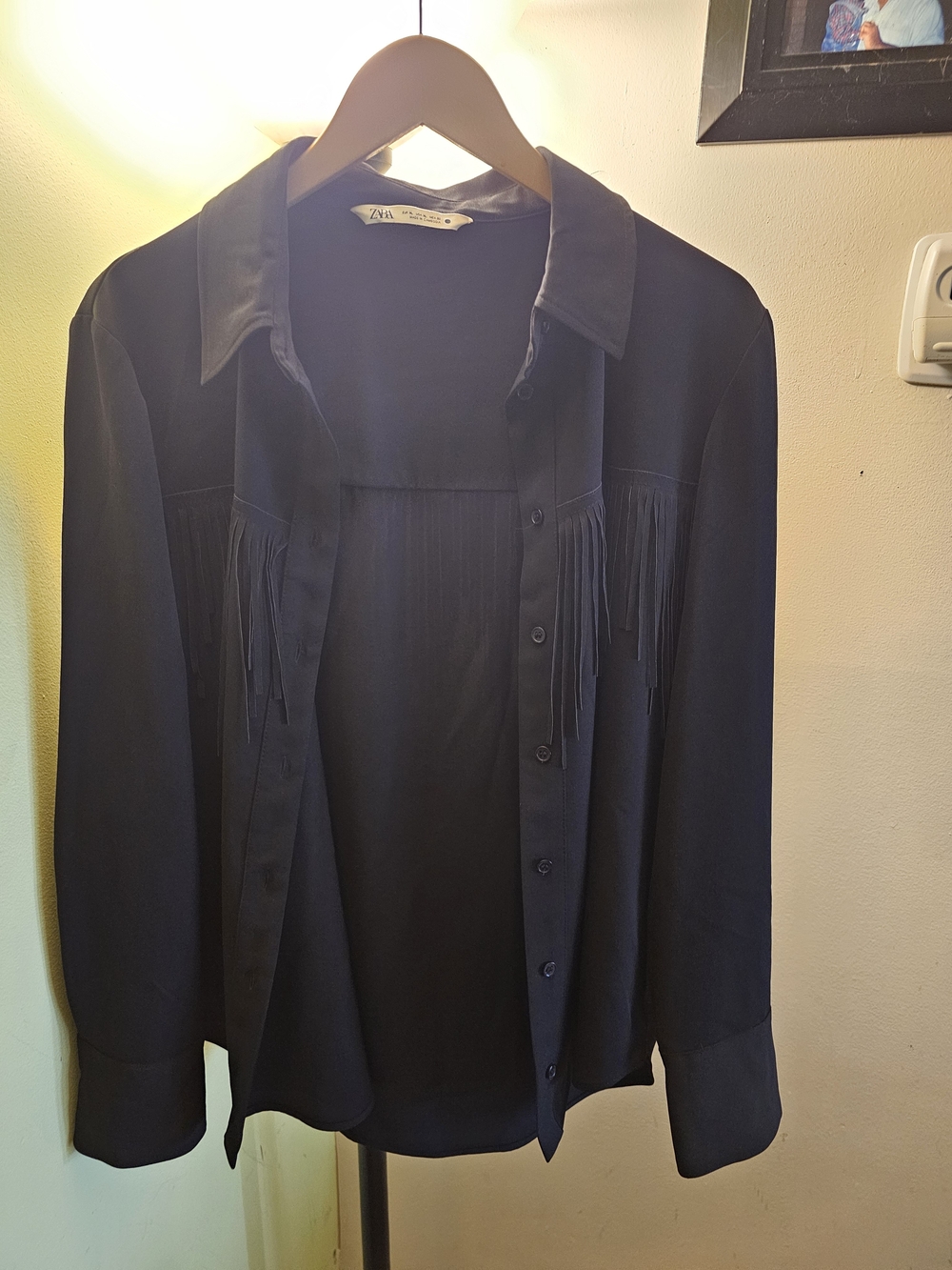 Zara Black Fringe-Trim Button-Down Blouse